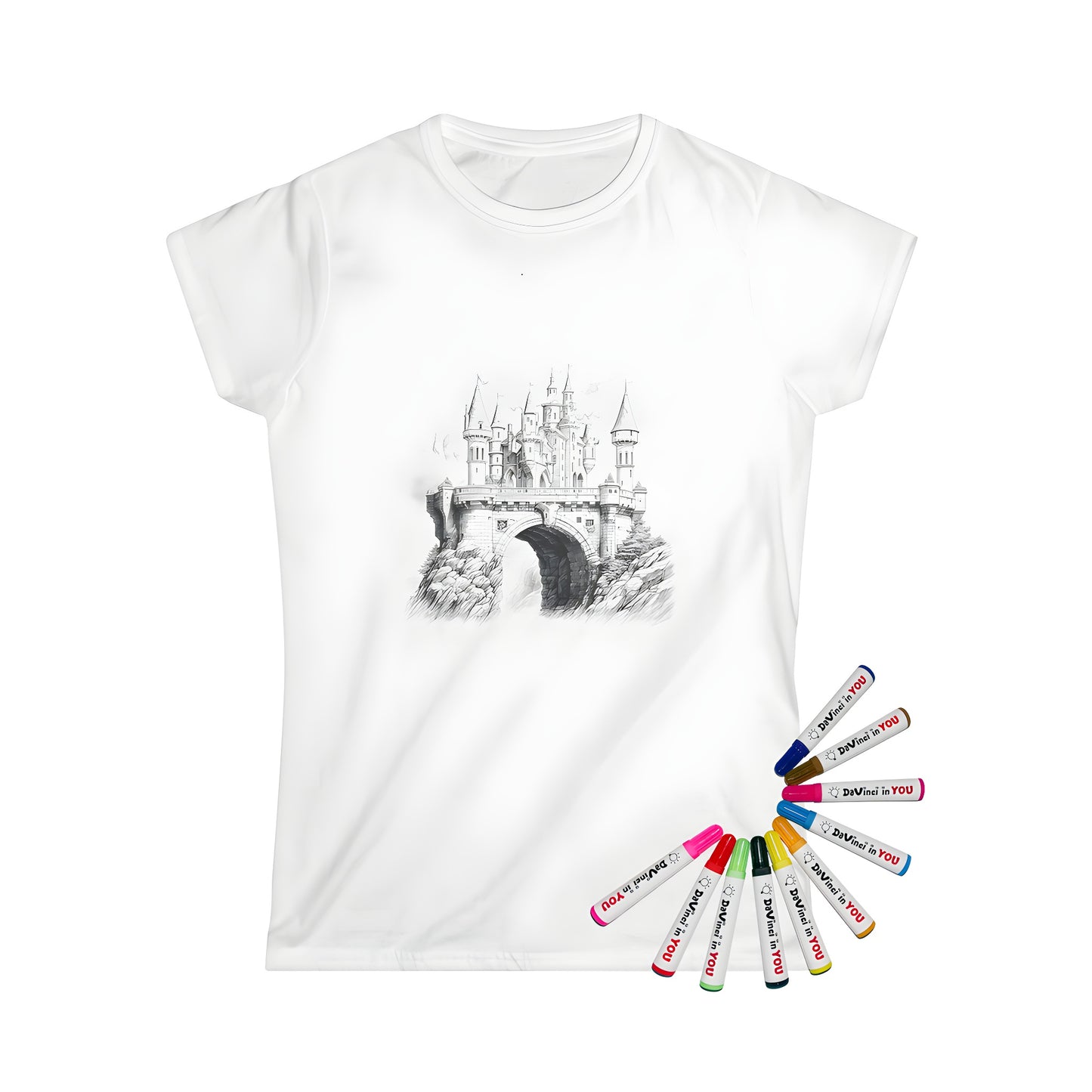 Women's apparel coloring page art of majestic medieval castle design on t-shirt