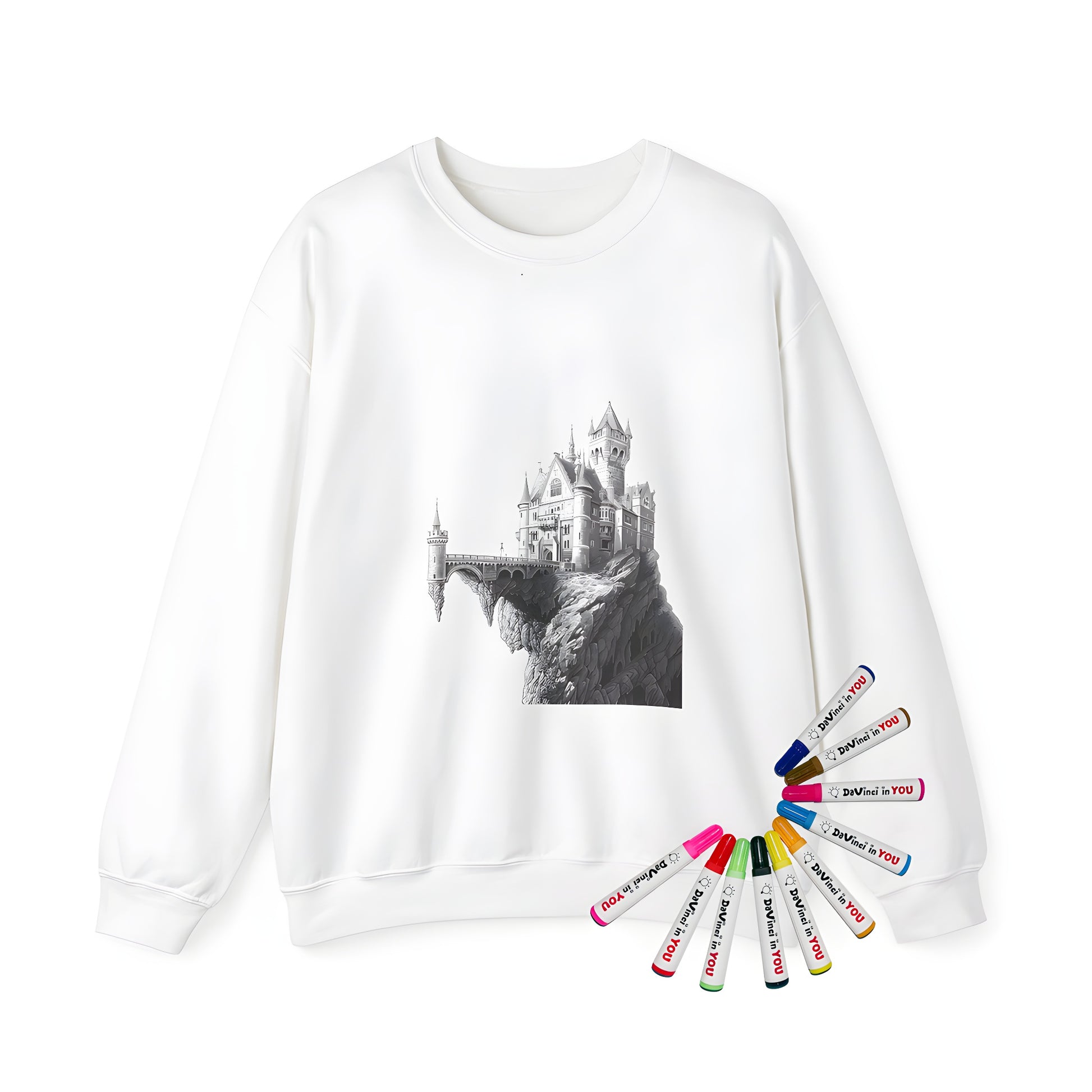 Adult sweatshirt featuring an intricate illustration of a medieval castle on a cliff, connected by a bridge, perfect for fans of fantasy art and medieval architecture.