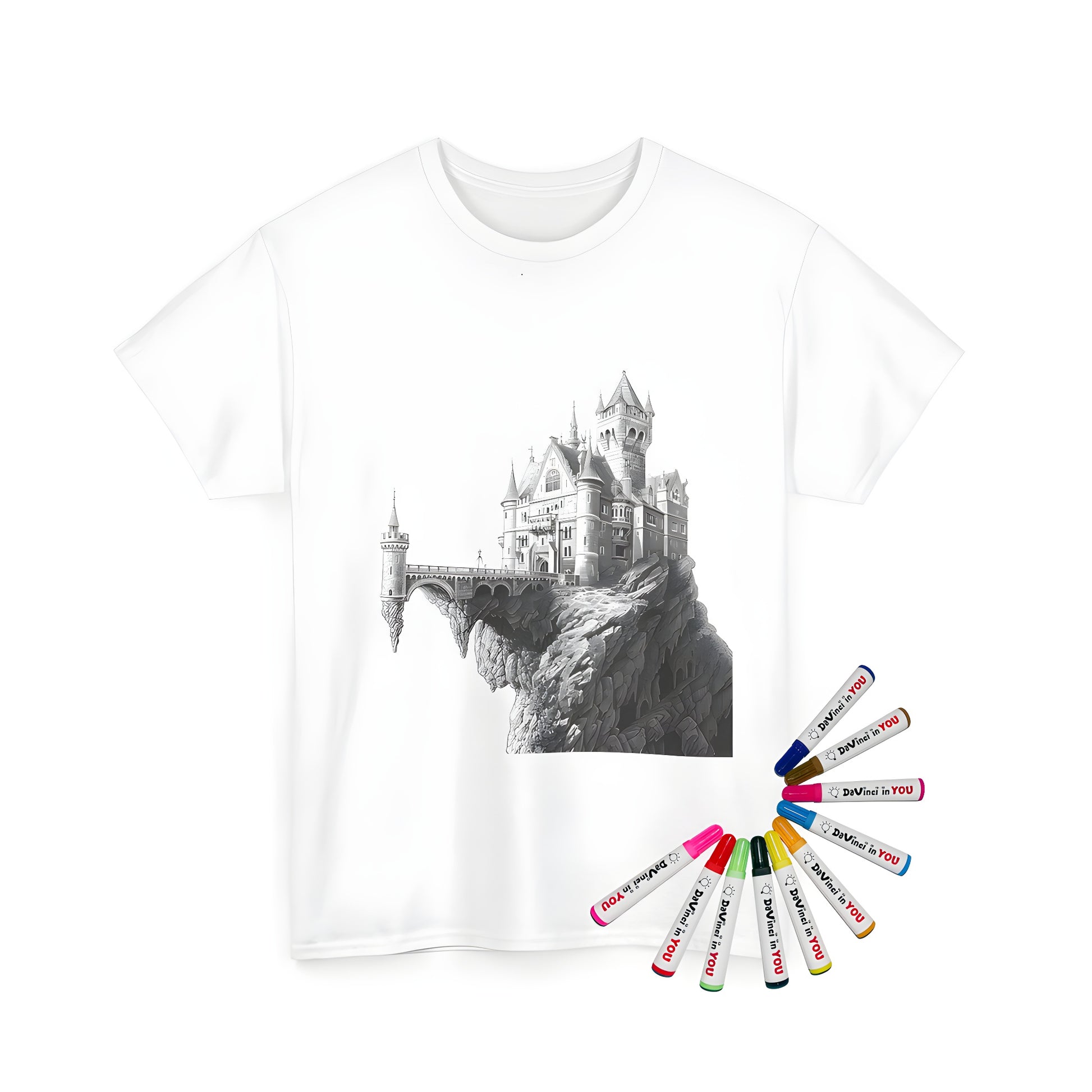 Intricate medieval castle illustration on unisex t-shirt