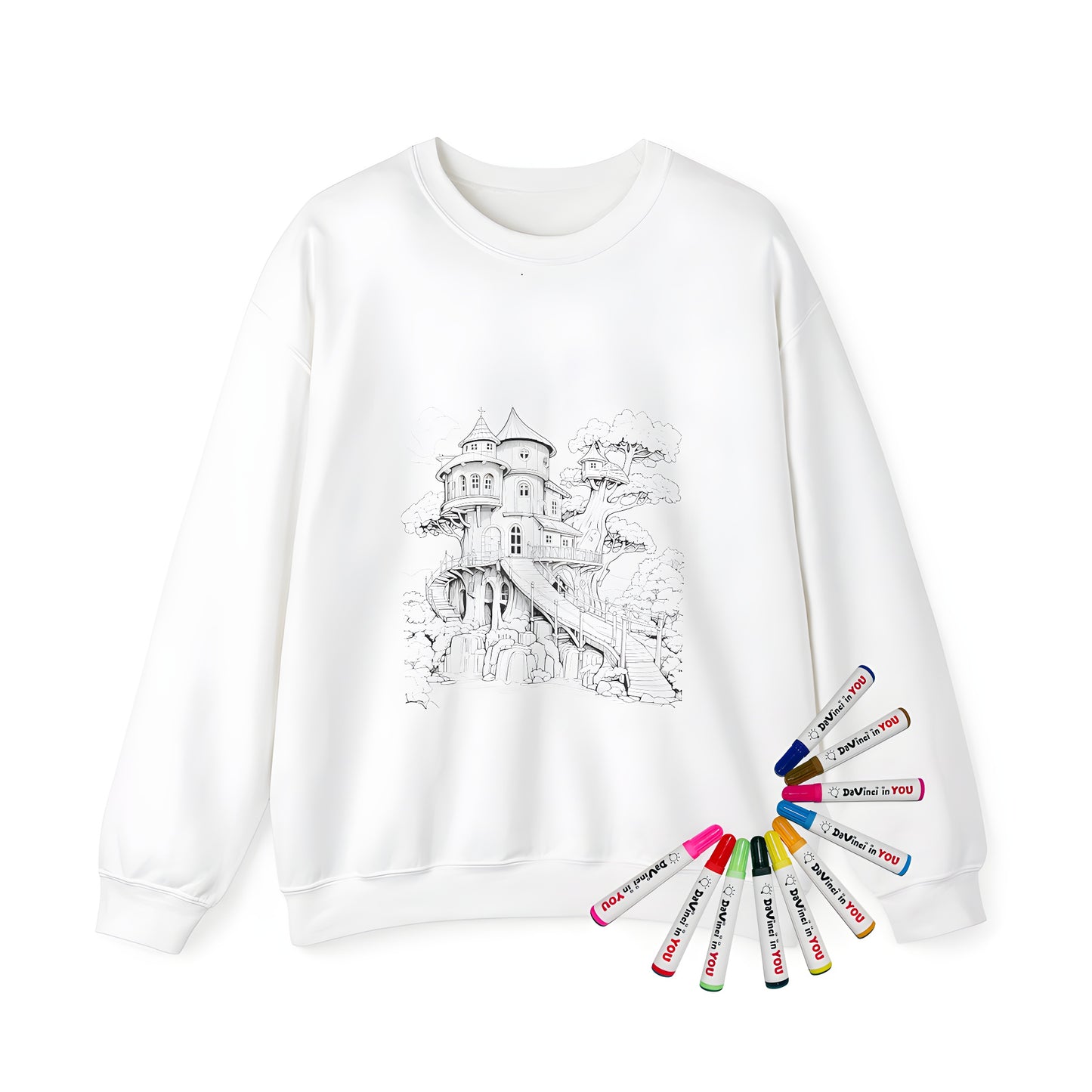 Adult sweatshirt featuring a whimsical woodland scene with a treehouse, bridge, and waterfall design printed on high-quality fabric. Perfect for fans of fantasy and nature.