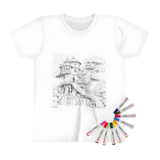 A colorful kid's t-shirt with an intricate treehouse design featuring multiple floors, a bridge, and a waterfall in a wooded area.