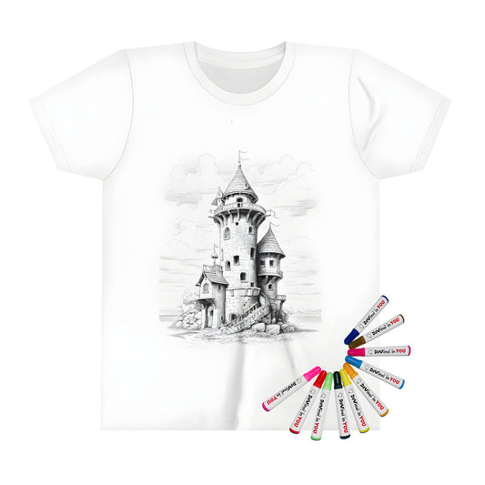 A kid's t-shirt featuring a detailed hand-drawn illustration of a medieval castle with two towers, perfect for kids who love fantasy and adventure.