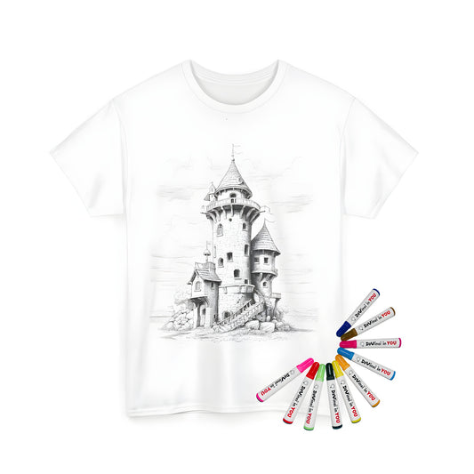 Medieval castle illustration t-shirt for coloring with fabric markers