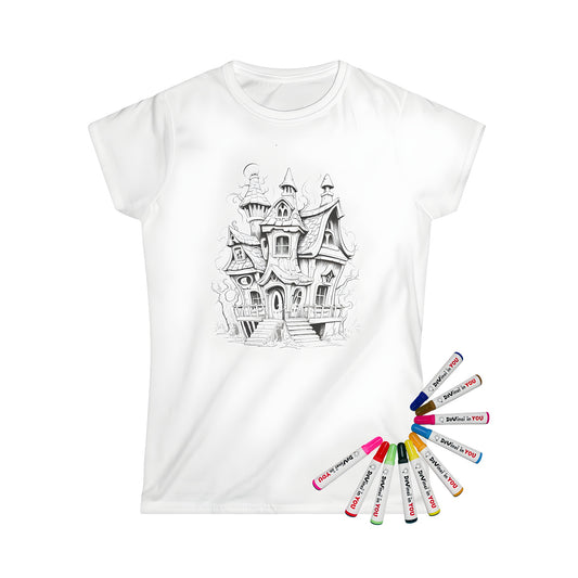 Women's t-shirt with whimsical fantasy house design featuring unique architecture, multiple roofs, and chimneys - Women's T-shirt Coloring Kit