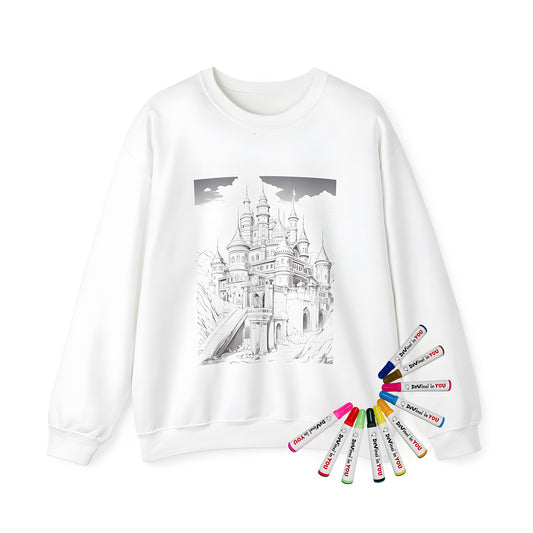 Adult sweatshirt featuring an intricately designed medieval castle illustration, complete with turrets and a grand staircase, printed on high-quality fabric.