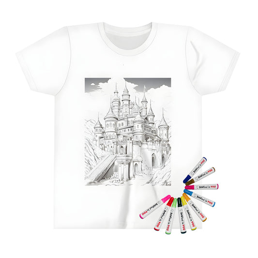 A kid's t-shirt featuring an epic illustration of a grand medieval fortress with towers and a staircase, set in a mountainous landscape under a cloudy sky.