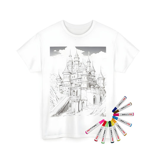 Unisex t-shirt with colorful medieval castle design and fabric markers