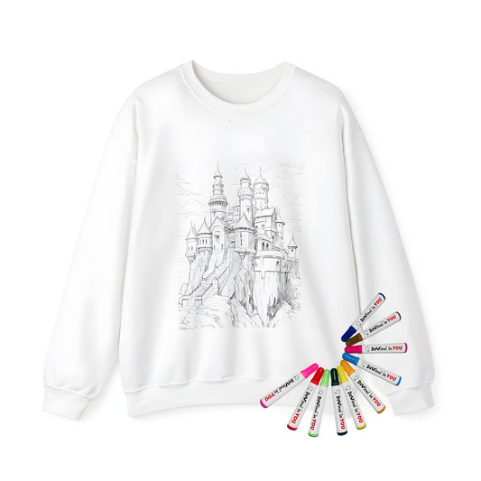 Adult sweatshirt with intricate black-and-white castle illustration, featuring towers and stairways