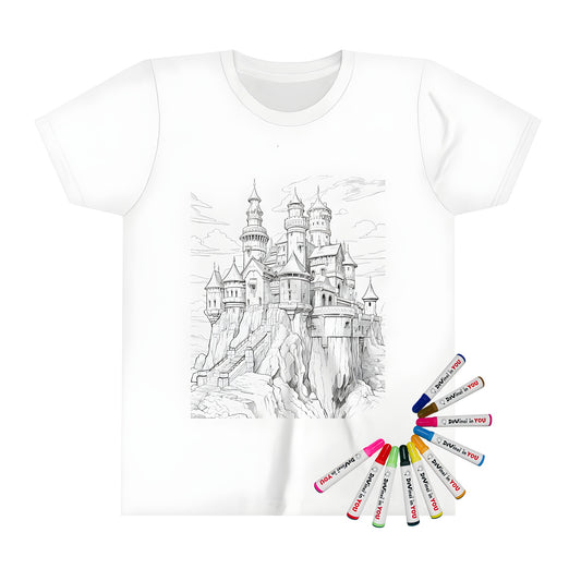 Kid's T-shirt with an intricate castle design, towers and stairways, perfect for kids who love medieval architecture and coloring