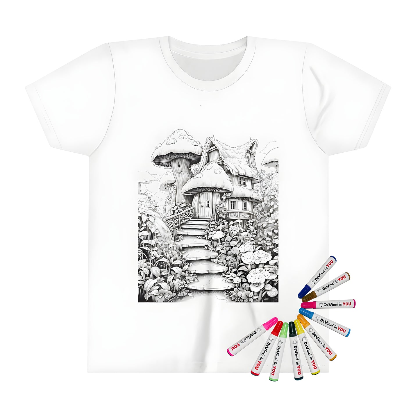 Kid's t-shirt with whimsical mushroom house design, featuring a detailed illustration of a fantasy house surrounded by greenery and a stone staircase, perfect for kids who love to color