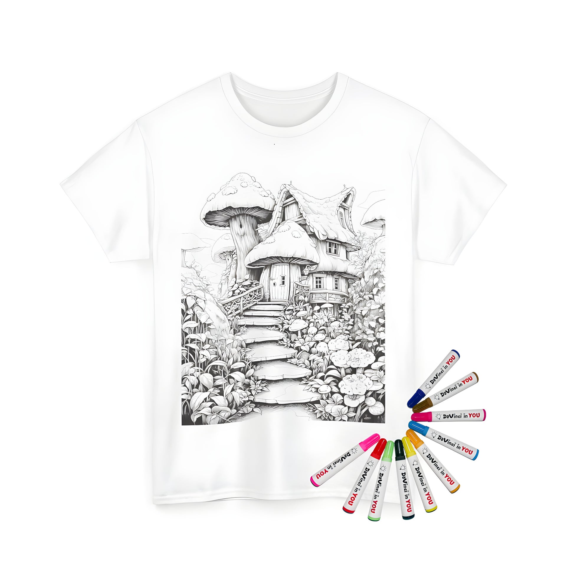 Unisex t-shirt featuring an enchanting mushroom house illustration, surrounded by lush greenery and a stone staircase. Perfect for fans of whimsical designs.