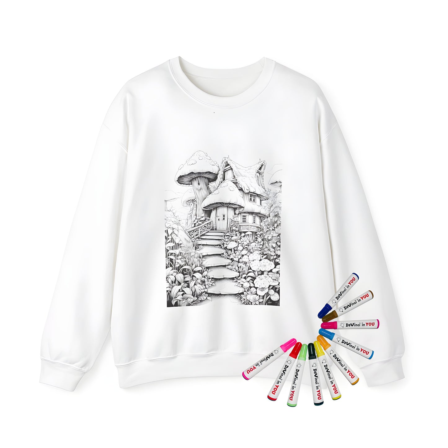 Adult sweatshirt with whimsical mushroom house and garden design, ideal for coloring enthusiasts