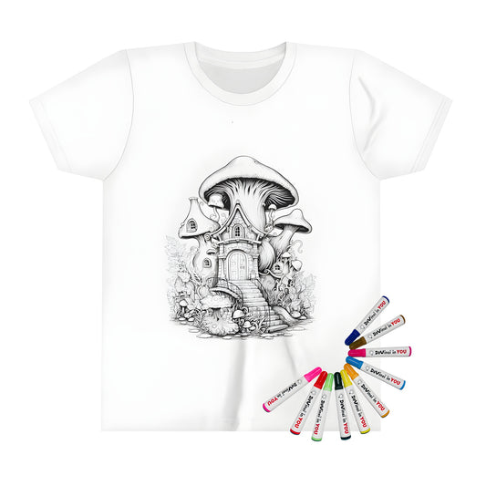 Whimsical Fantasy Mushroom House Illustration on Kid's T-Shirt