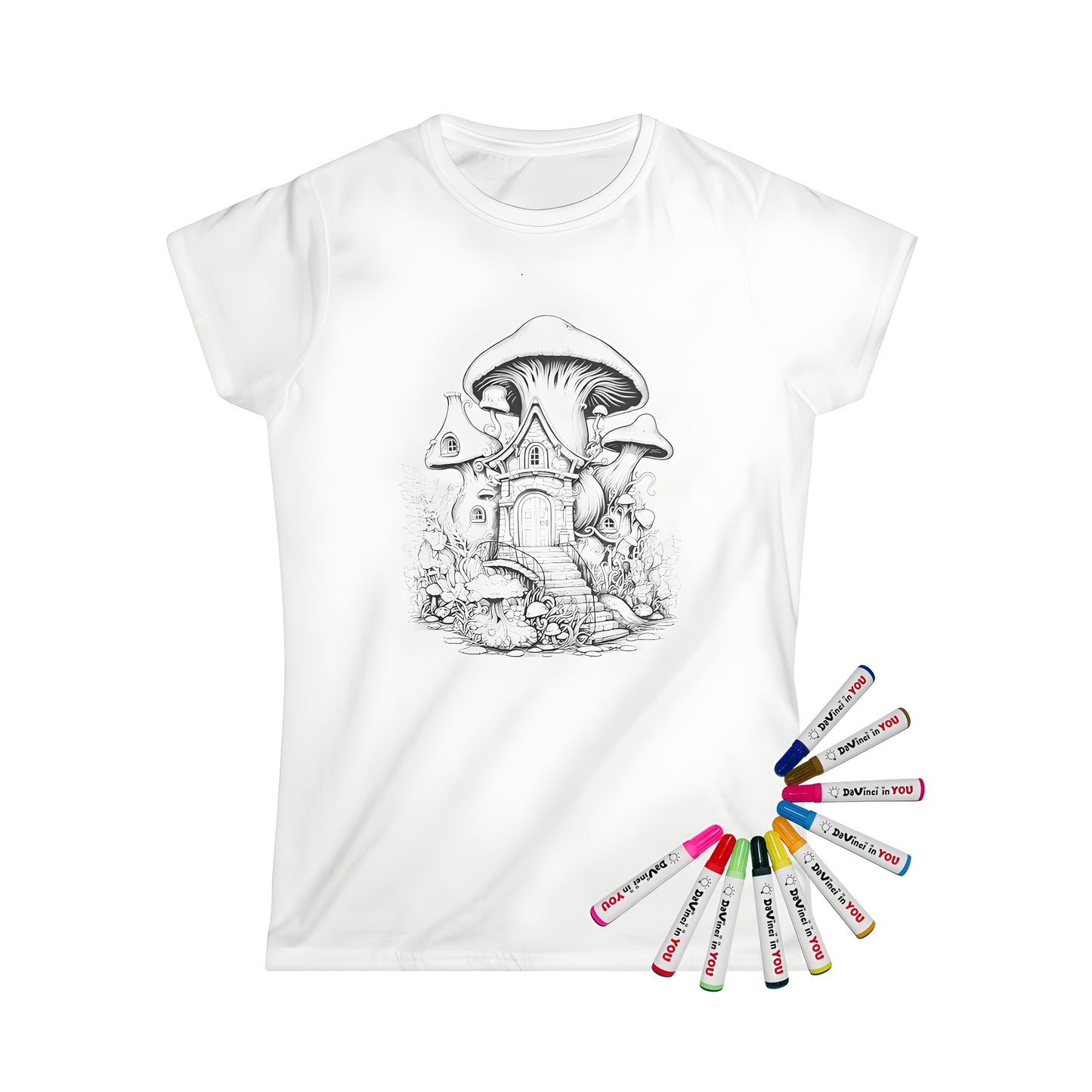 Women's T-shirt featuring a whimsical fantasy mushroom house illustration with ornate stairs and nature elements, complete with 10 fabric markers for coloring