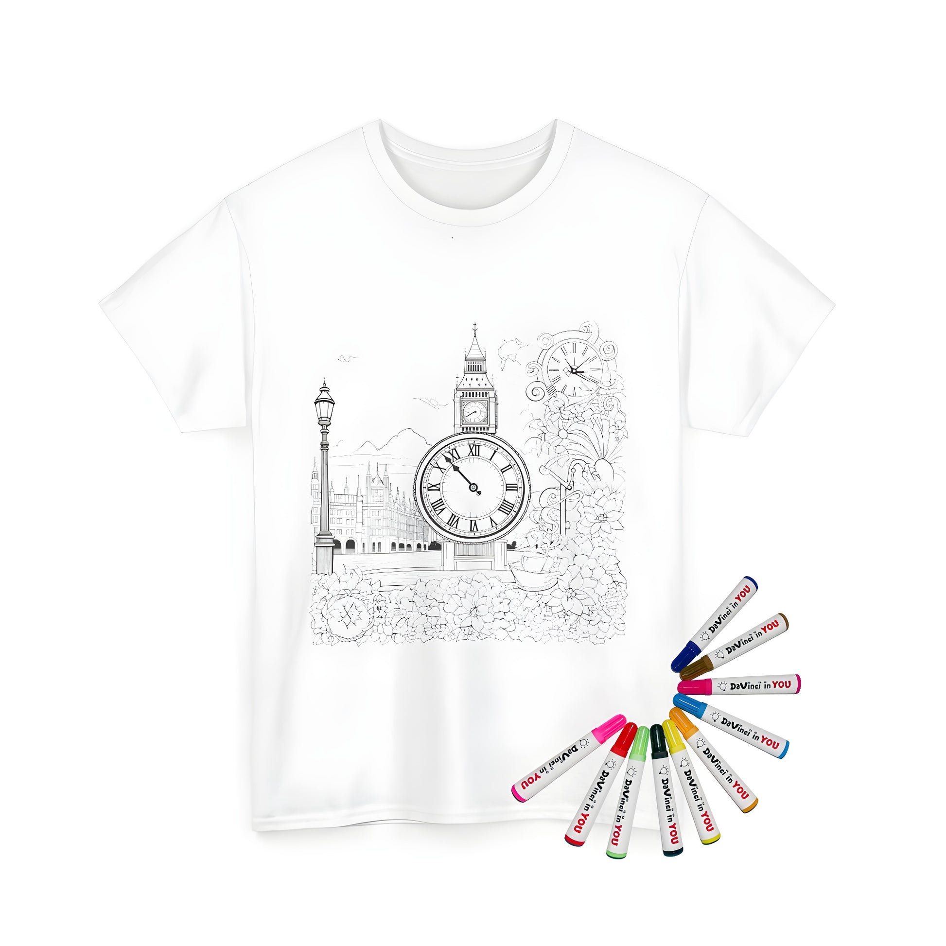 Colorful Unisex T-Shirt featuring a detailed drawing of London's iconic Clock Tower with intricate floral designs and architectural elements