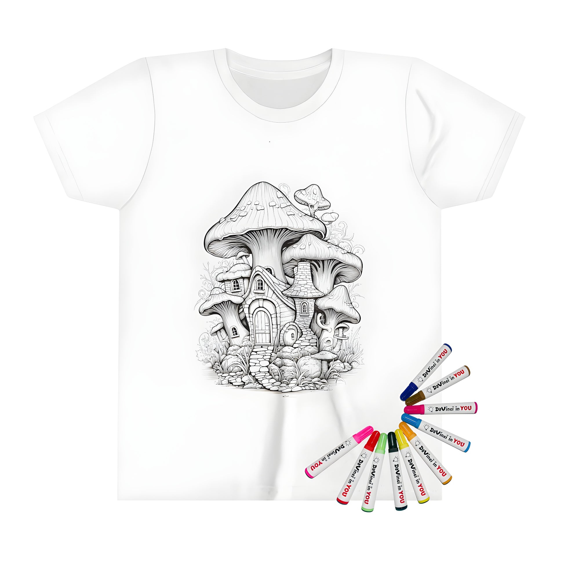 Colorful kid's t-shirt featuring whimsical illustrations of mushroom houses with doors and windows