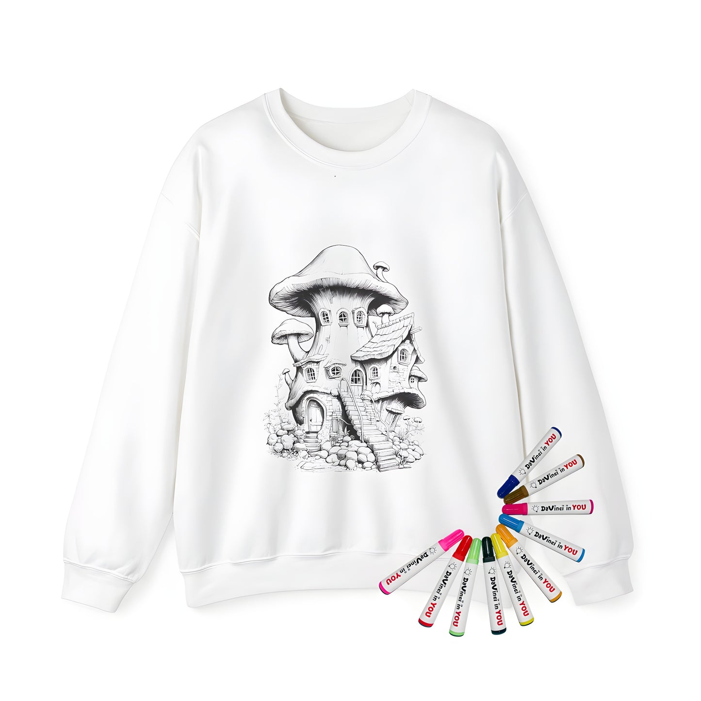 Adult coloring sweatshirt featuring a fantasy house with mushrooms, intricate details, and whimsical style