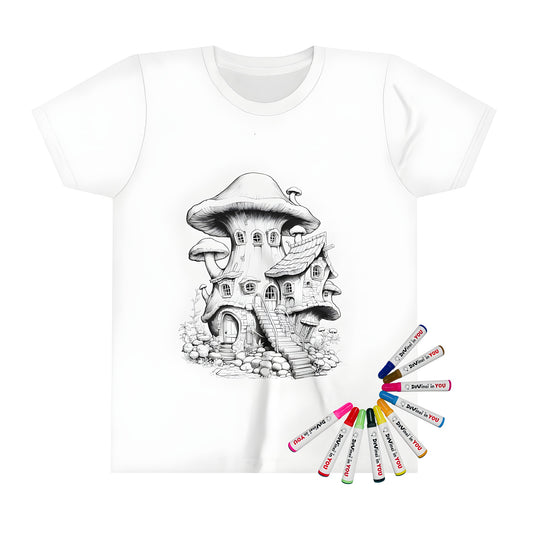 Fairy tale themed kid's t-shirt featuring an enchanted mushroom house design with intricate details and plants