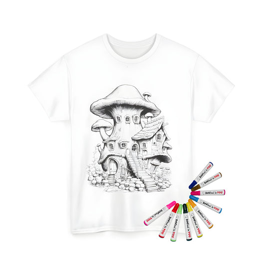 Fantasy mushroom house t-shirt design, detailed illustration of a whimsical fantasy home inspired by fungi, fun and colorful unisex tee