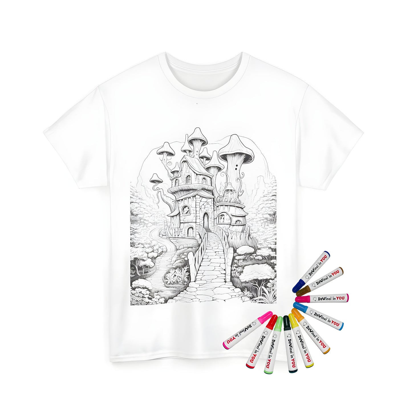 Unisex t-shirt featuring intricate black-and-white illustration of fantasy mushroom home, walkway, and forest