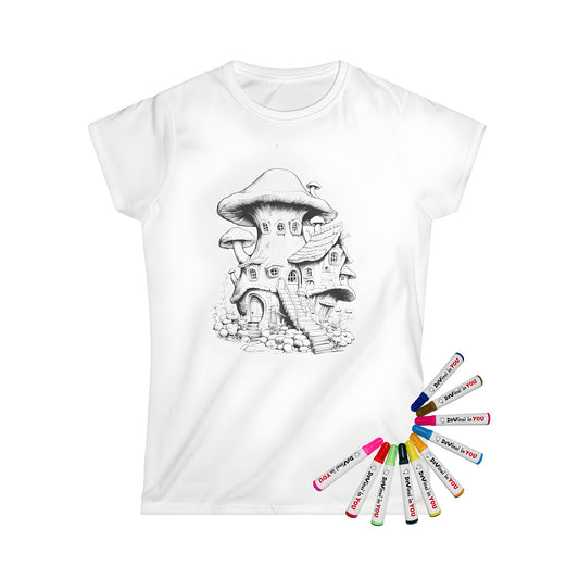 Women's T-shirt featuring a whimsical mushroom house illustration on a black and white fantasy background