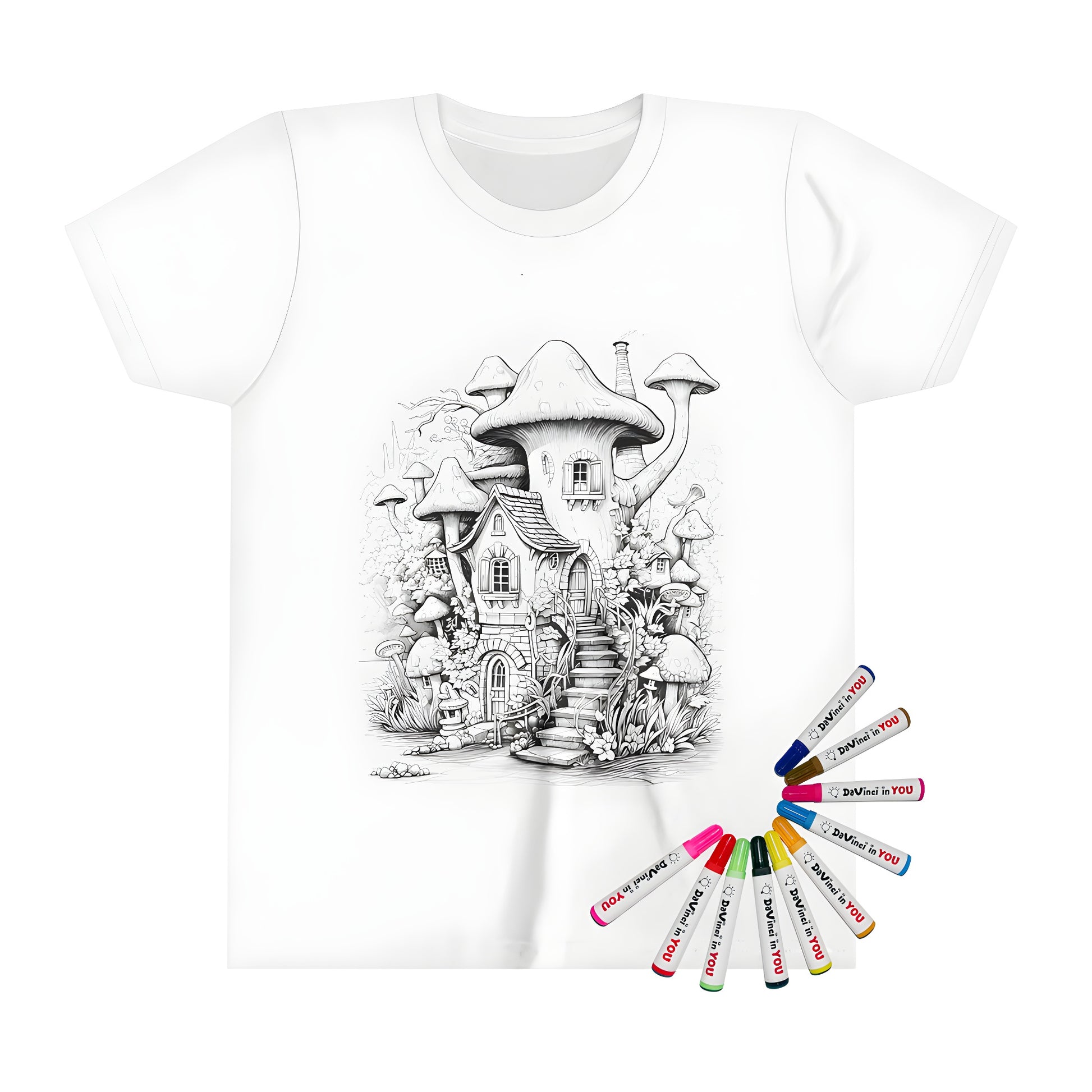 Colouring kit for kids with a vibrant fantasy mushroom house design on a soft t-shirt