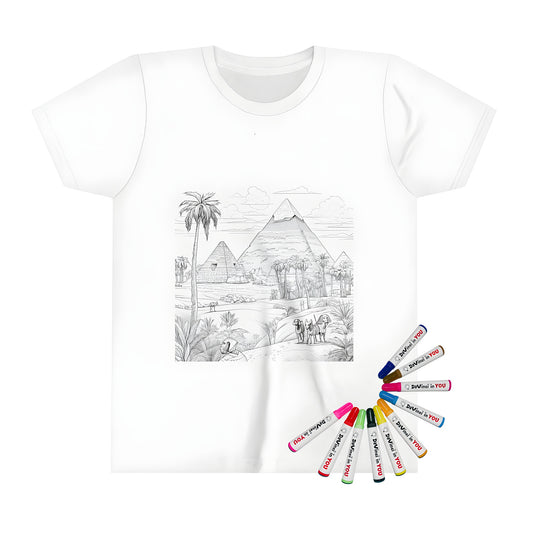 Kid's T-shirt featuring a colorful Line drawing of Egyptian pyramids with camels and palm trees, including Sphinx and scattered rocks, against a cloudy sky.