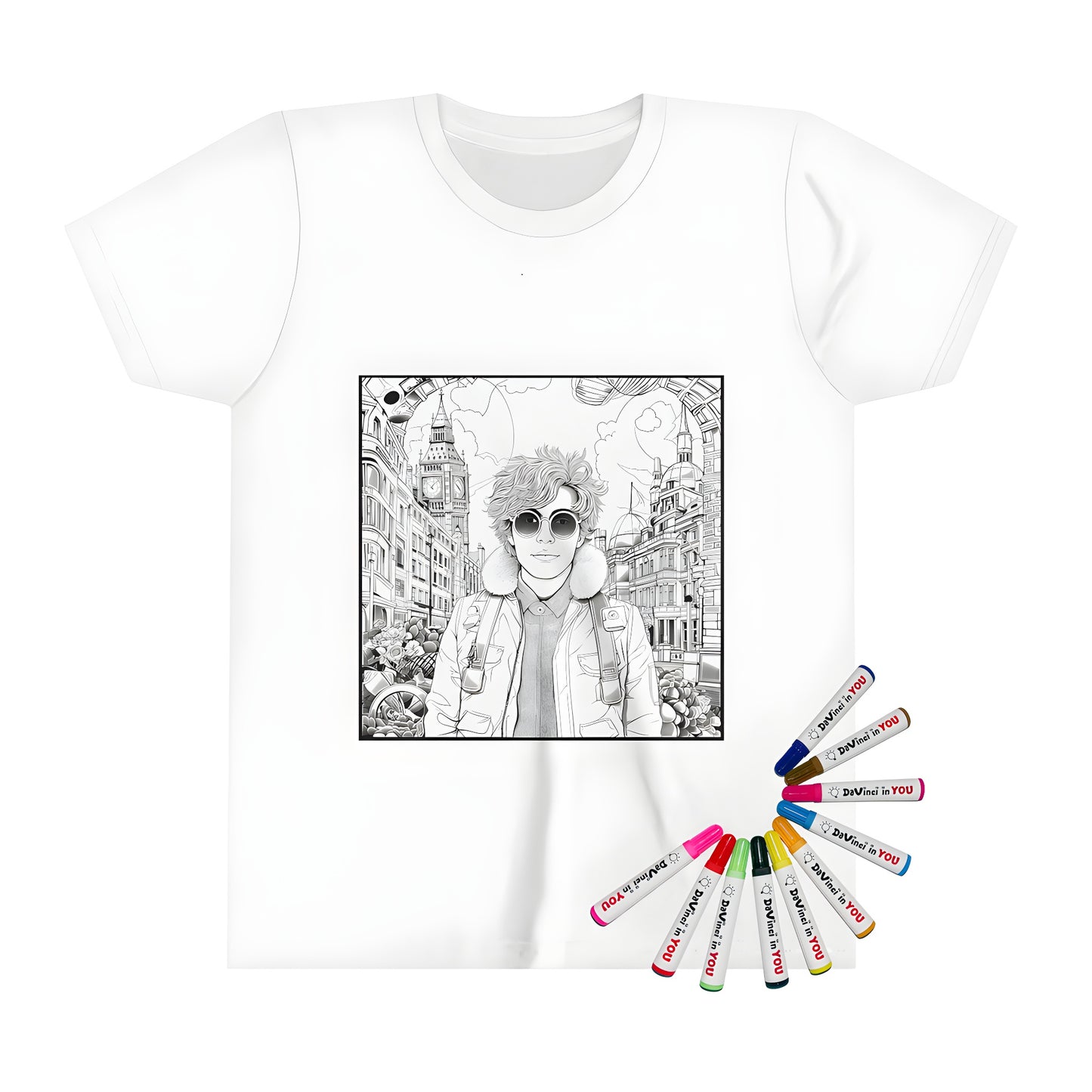 City exploration kid's t-shirt with colorful urban landscape design and kid-friendly activities