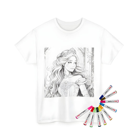 Unisex t-shirt with intricately drawn princess design, featuring flowing hair, crown, and elaborate gown in palace setting. Perfect for fans of royal coloring books and adulting kits.