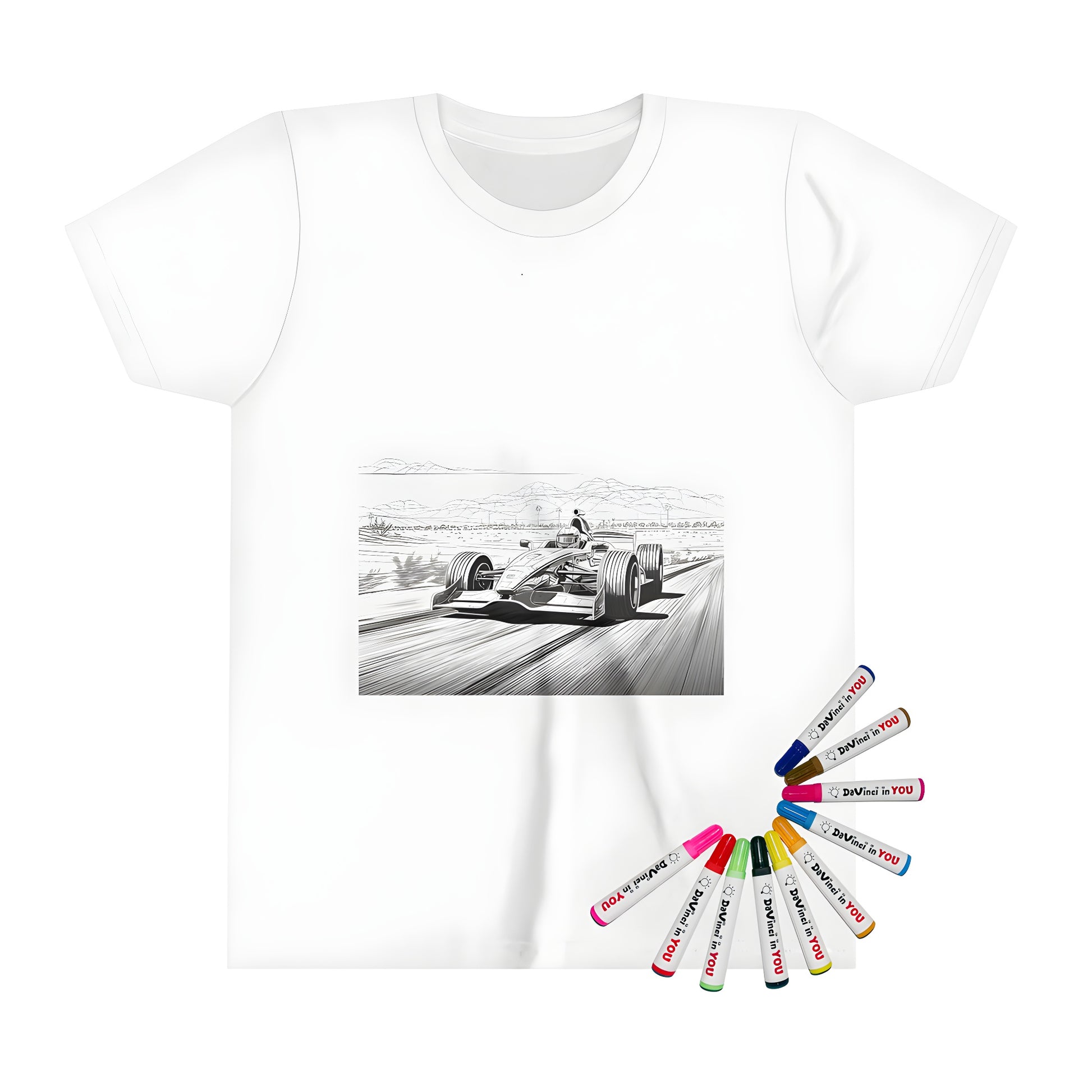 A colorful kid's t-shirt featuring an exciting formula one racing car design with desert landscape and mountains