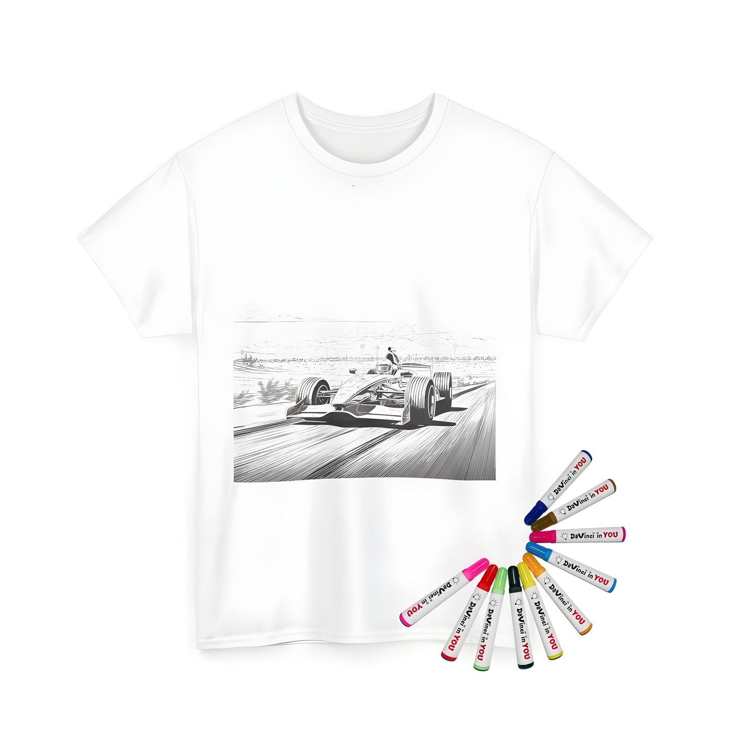 A detailed unisex t-shirt featuring a black and white drawing of a racing car in the desert landscape