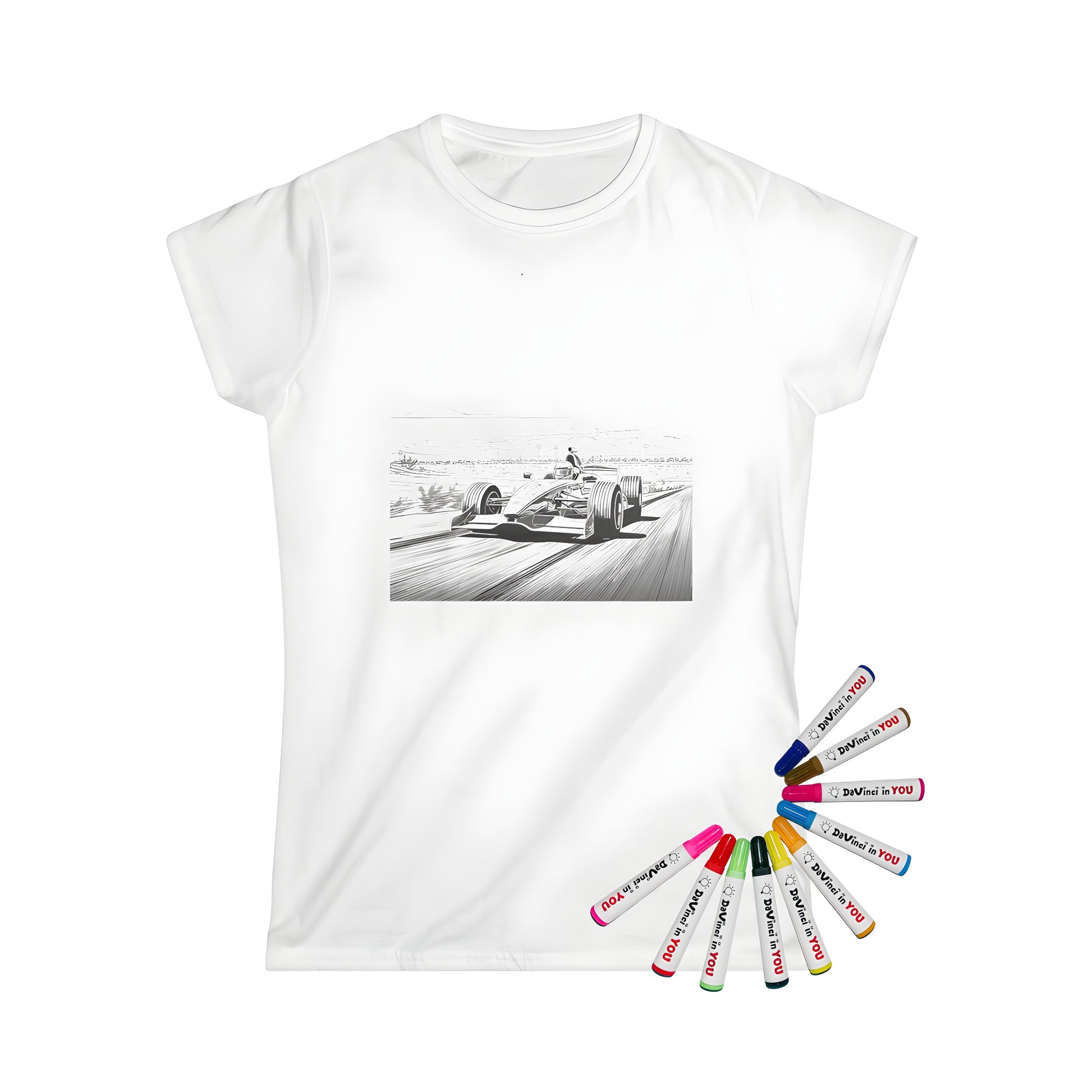 Women's graphic t-shirt with colorful Formula One racing car print featuring desert landscape and mountains