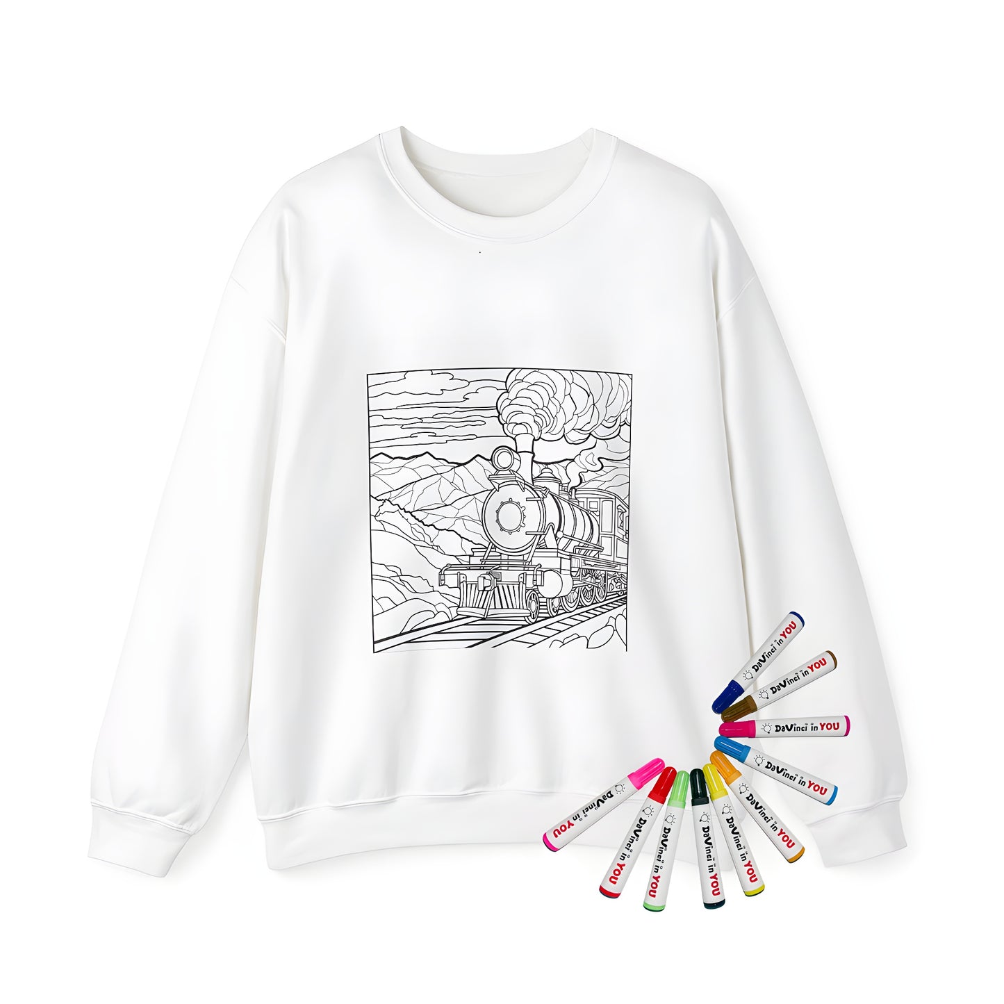 Adult sweatshirt featuring a vintage locomotive coloring page design with rolling hills and fluffy clouds