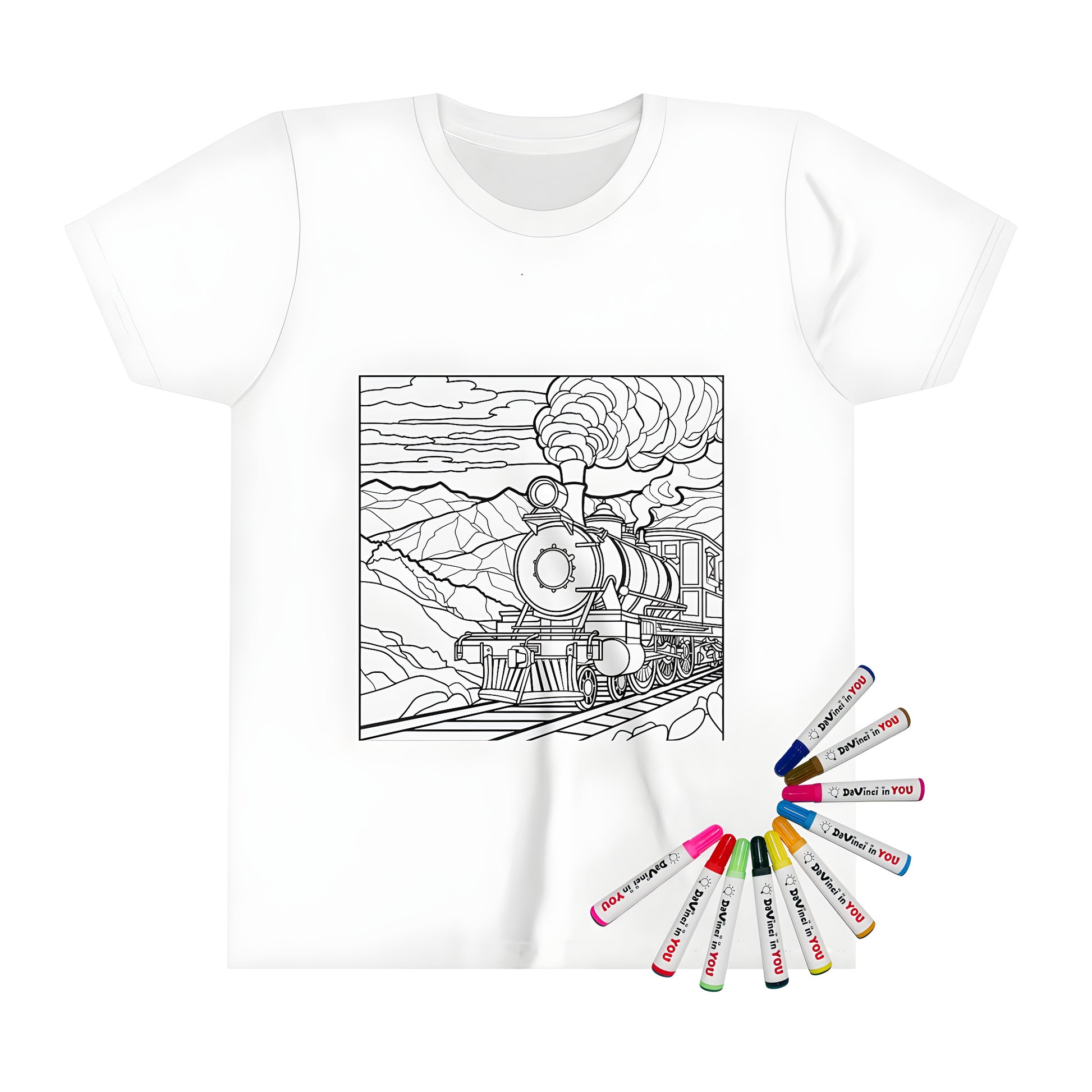 Coloring kit for kids with steam train design on a black t-shirt