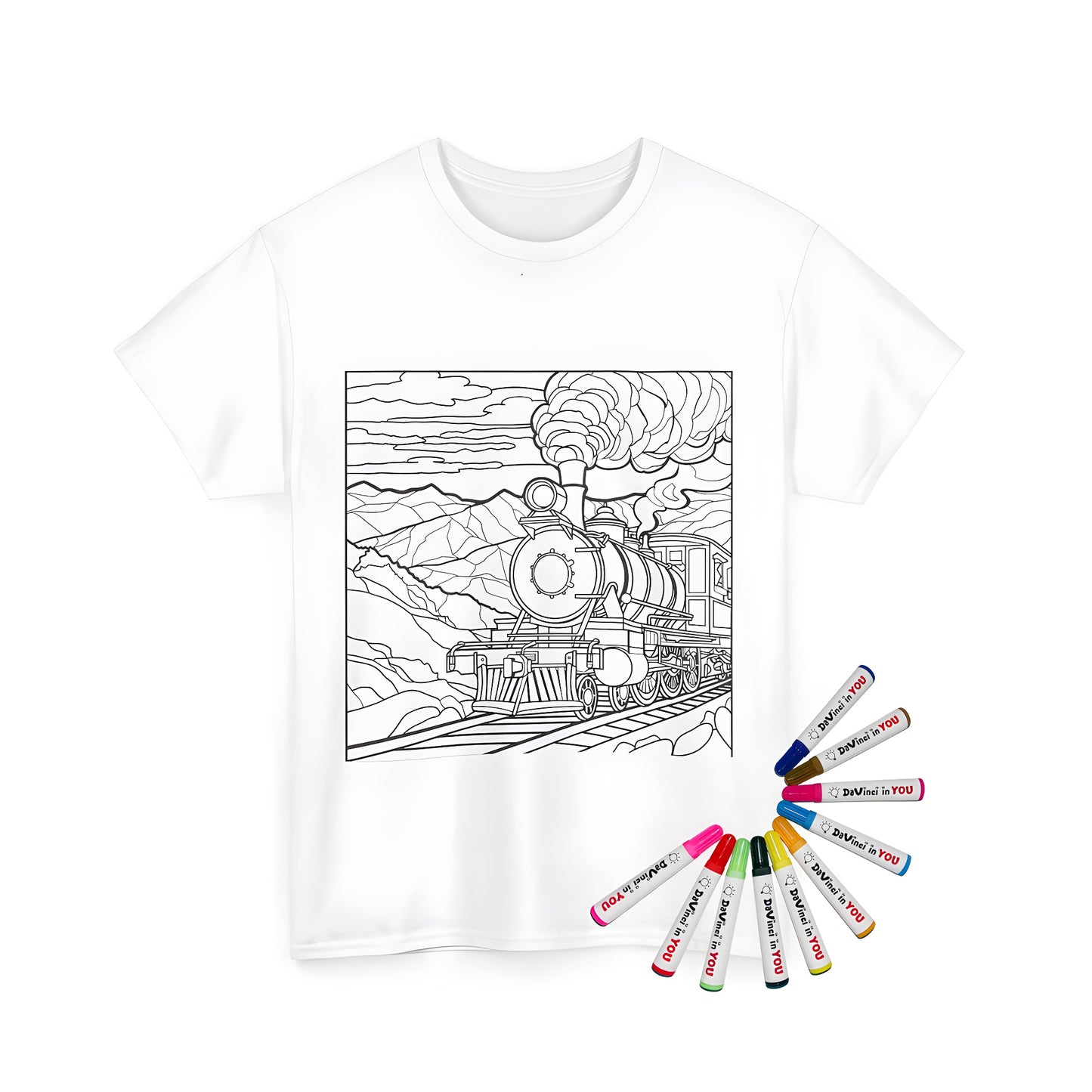 A black and white coloring page showing a steam train traveling on tracks with mountains and clouds in the background printed on a comfortable Unisex T-shirt.