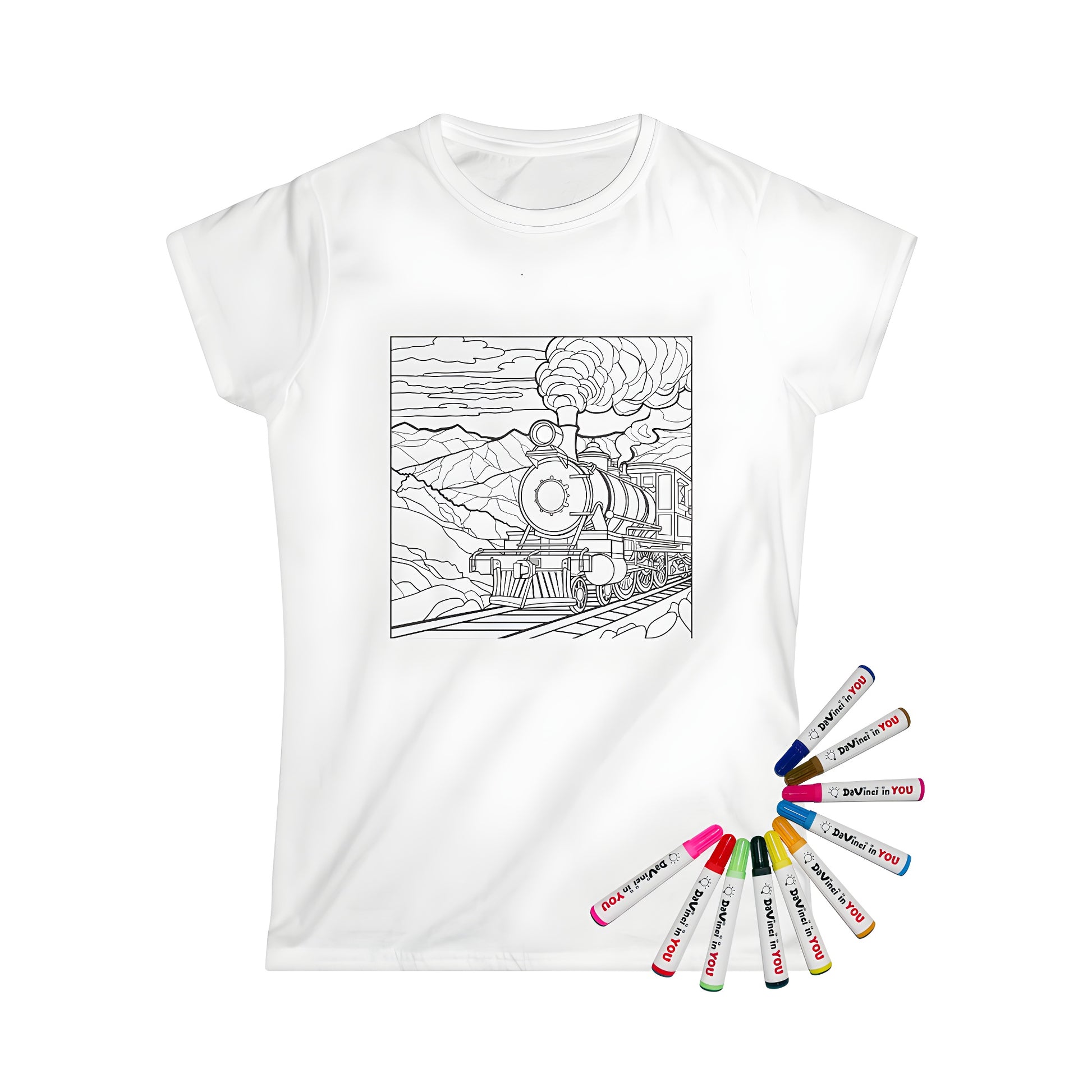 Coloring kit for Women's t-shirts featuring a black and white locomotive train design on tracks with mountains and clouds