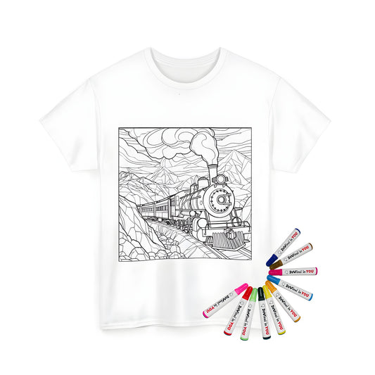 Unisex t-shirt featuring a detailed illustration of a locomotive, chugging through a rugged terrain, with smoke billowing out and intricate details