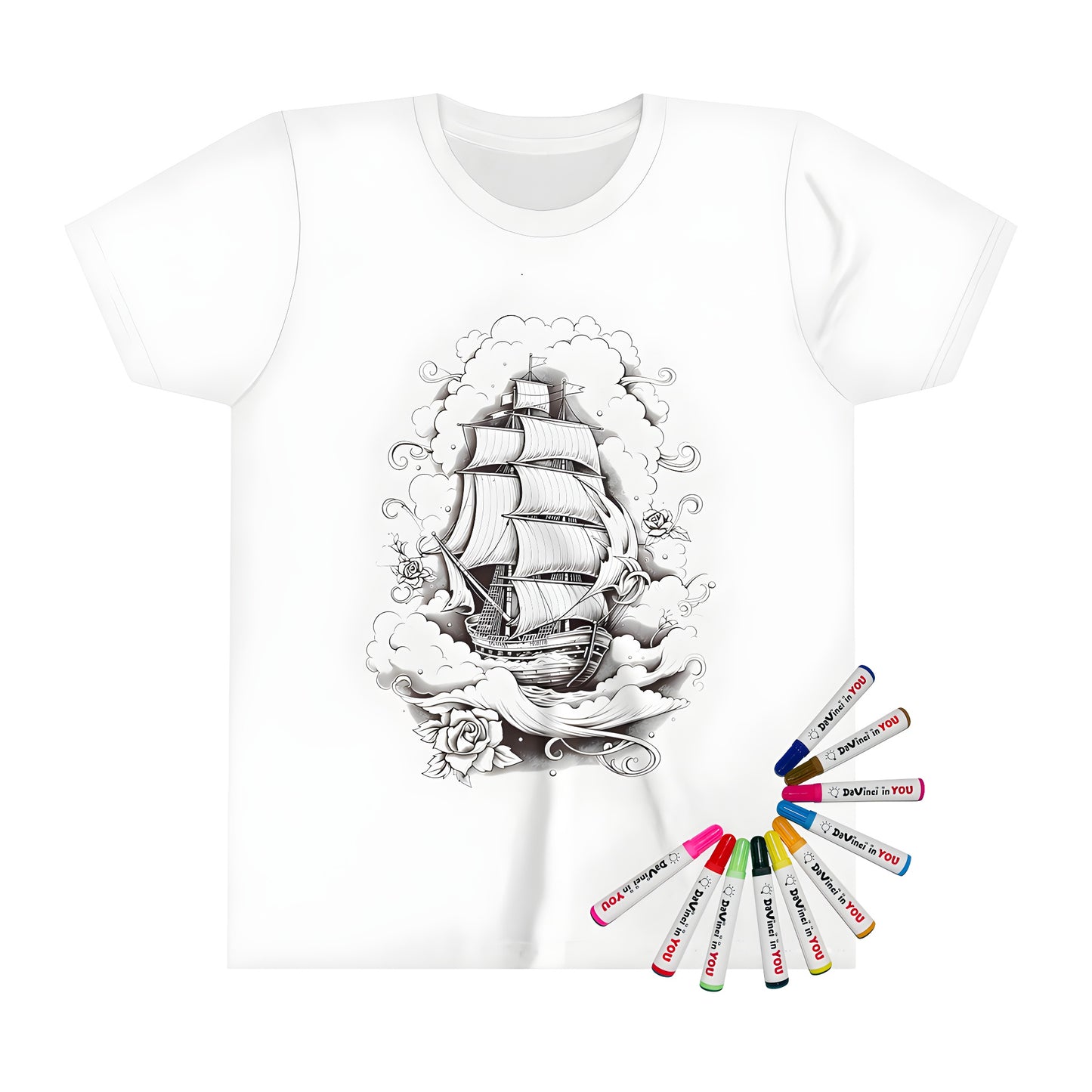 Vintage sailing vessel illustration on kid's t-shirt