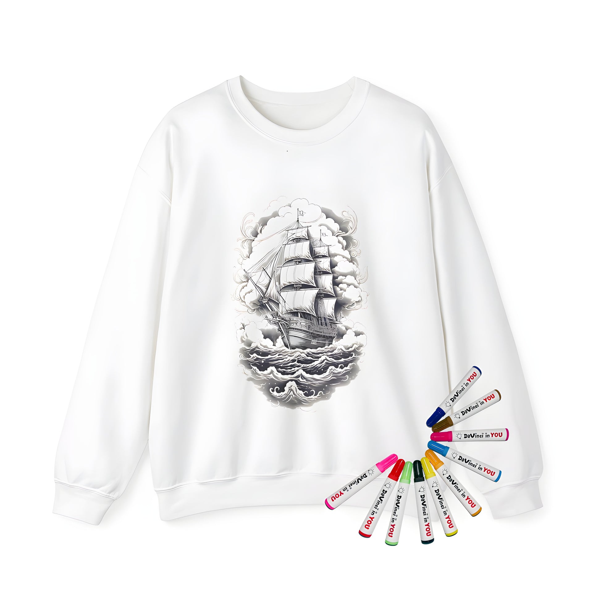 Adult sweatshirt featuring an vintage sailing vessel illustration, navigates through ocean waves and billowing clouds.