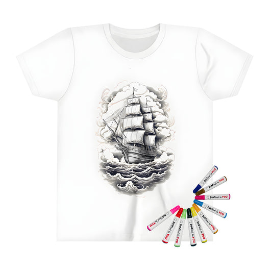 Kid's t-shirt featuring an intricate coloring page design of a vintage sailing vessel navigating through ocean waves, surrounded by billowing clouds