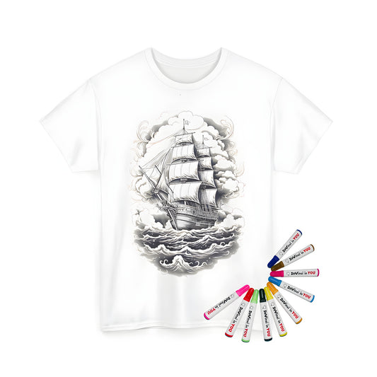 Illustrated vintage sailing ship navigates through ocean waves on a colorful unisex t-shirt