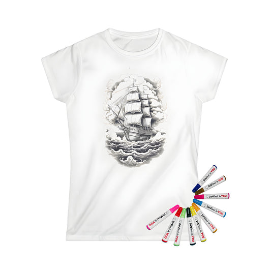 Women's t-shirt featuring an vintage sailing vessel illustration, surrounded by ocean waves and billowing clouds