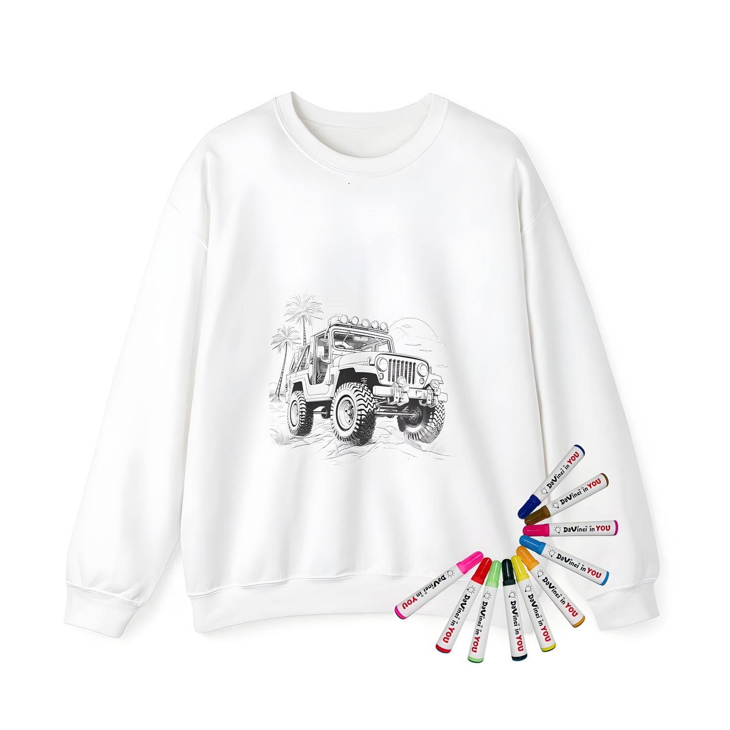 Adult sweatshirt featuring an off-road jeep design with palm trees