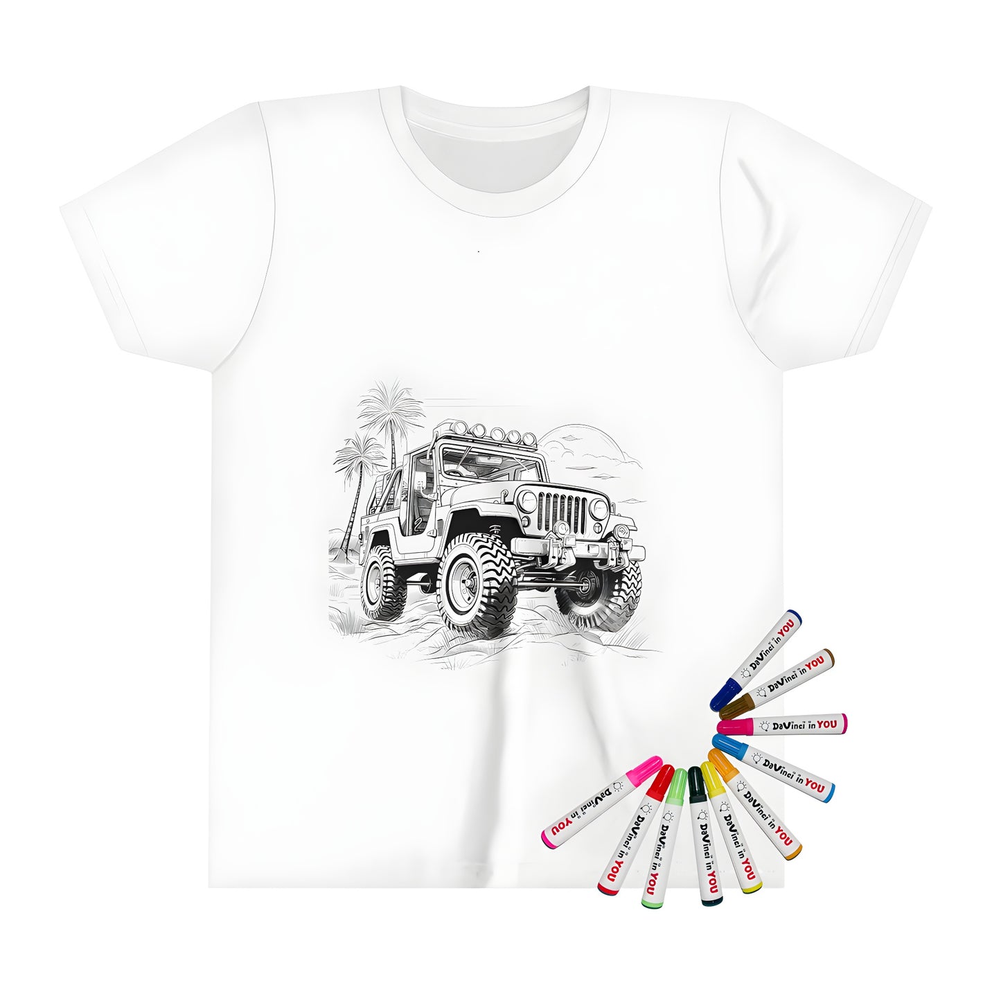 Coloring kit for kids featuring a detailed black and white sketch of a military vehicle (jeep), off-roading in the desert with palm trees