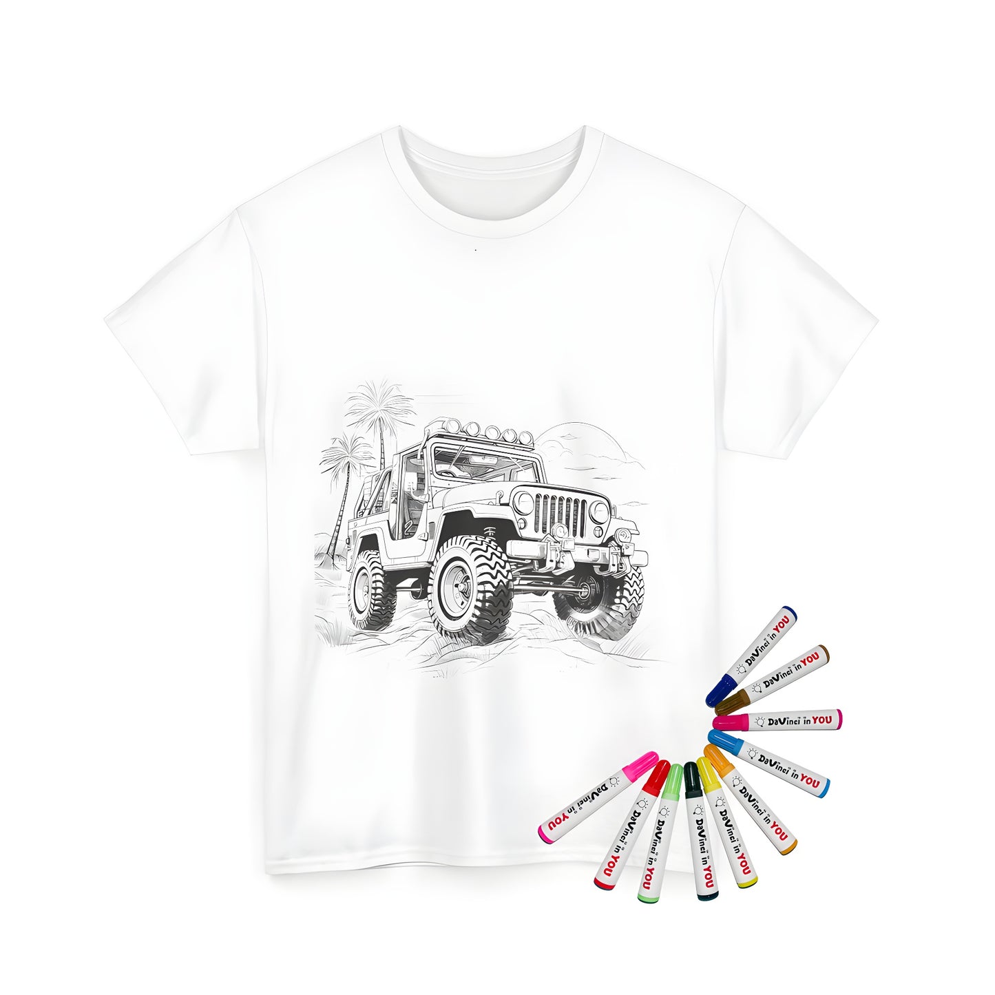 Unisex T-shirt with a detailed black and white sketch of a Willys, Off-road vehicle driving off-road in a desert landscape with palm trees in the background, featuring vibrant coloring page design created using 10 fabric markers