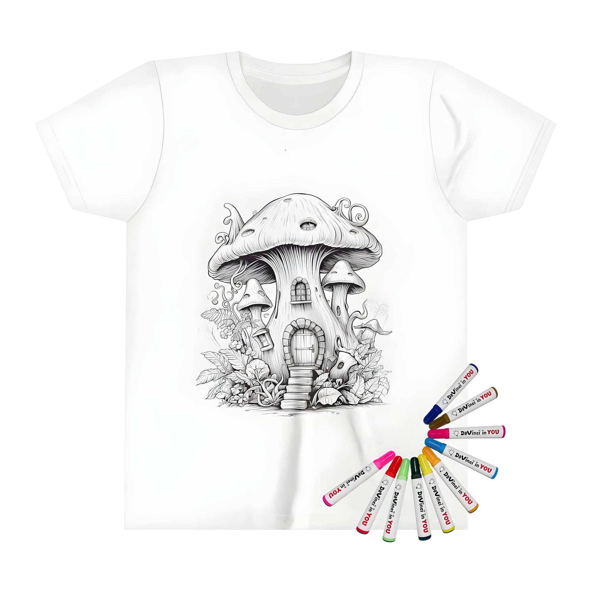 Whimsical kid's t-shirt with mushroom house illustration, colorful fabric markers, and fun designs