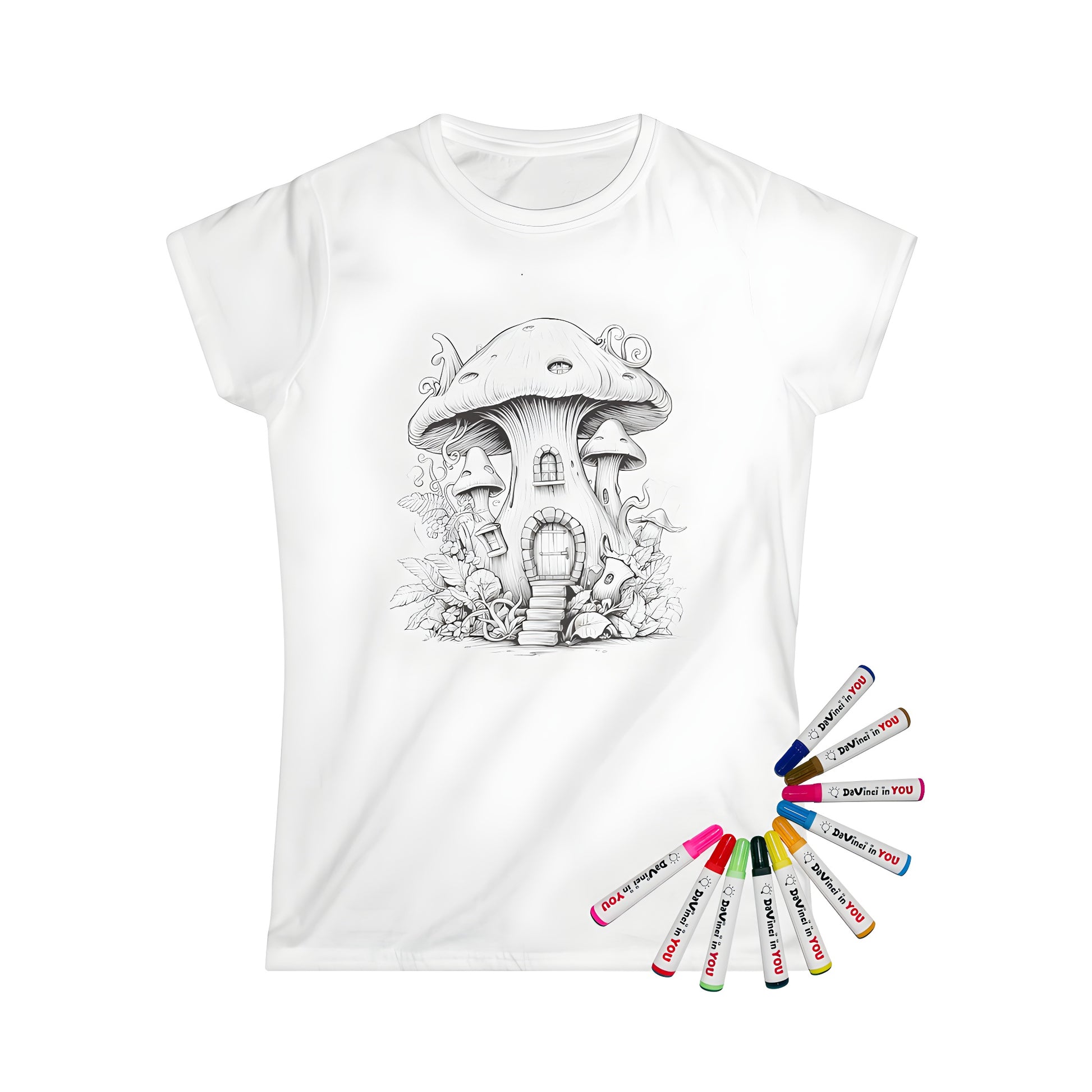 Whimsical T-shirt design featuring an illustration of a charming mushroom abode, surrounded by lush plants and foliage