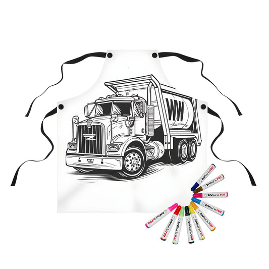 Coloring apron with detailed black and white outline illustration of waste disposal truck