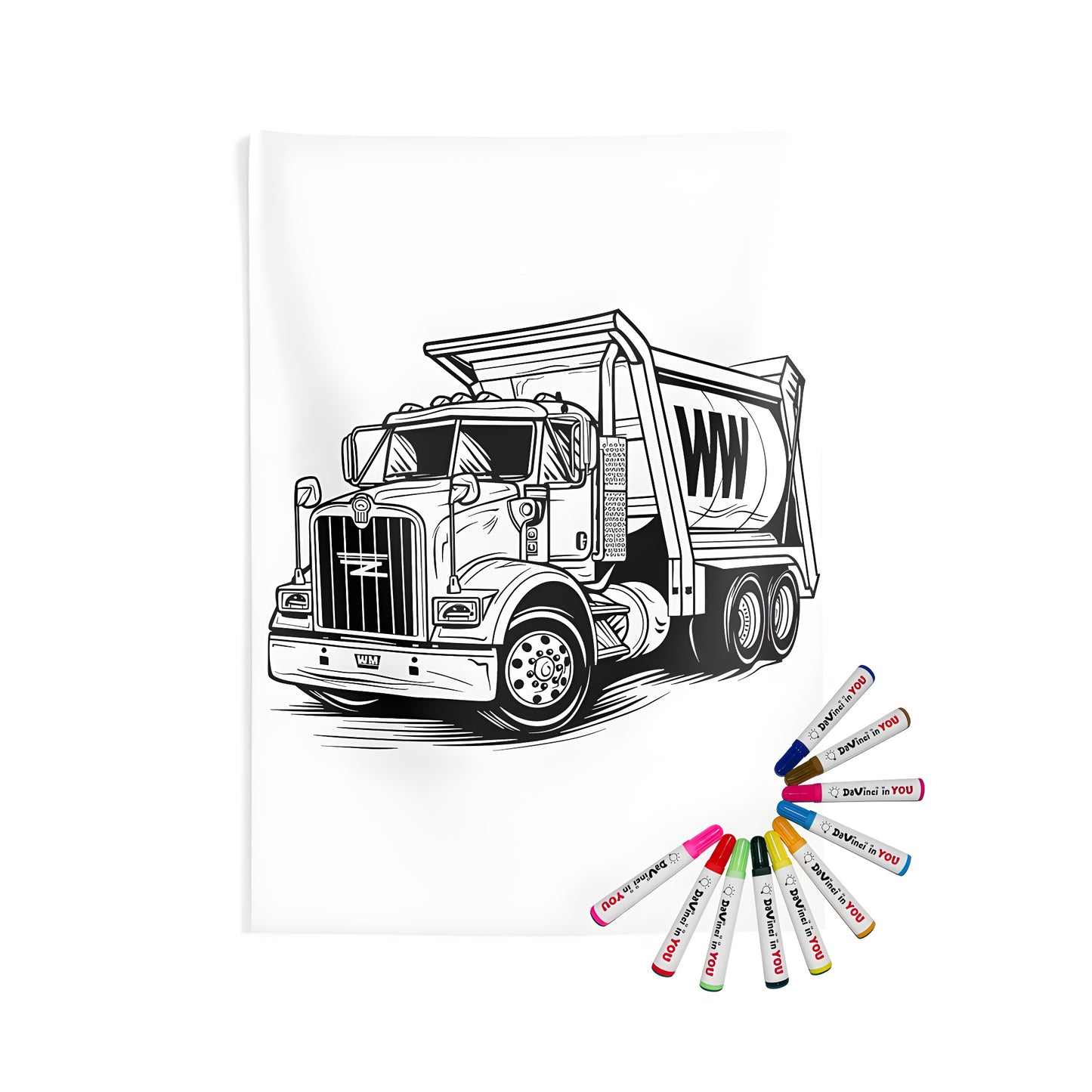 Detailed black and white outline illustration of a trash truck on an indoor wall tapestry