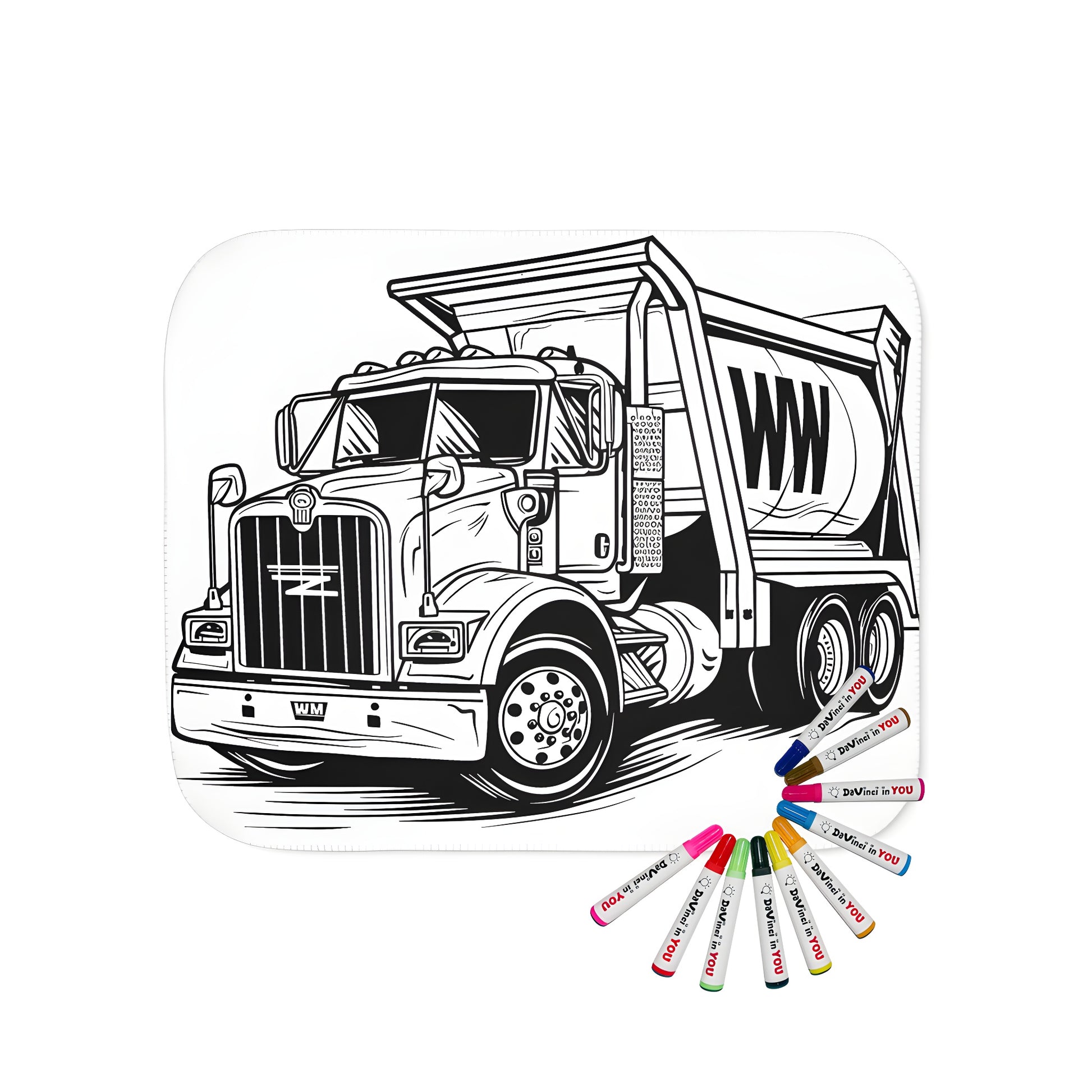 Cozy blanket with a detailed, black and white outline illustration of a refuse truck, recycling truck, waste management vehicle, or sanitary truck design